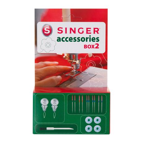Accesorii Singer Box 2, 4 bobine, 10 ace pentru masina de cusut, perie scame, 2 dispozitive introducere a firului in ac