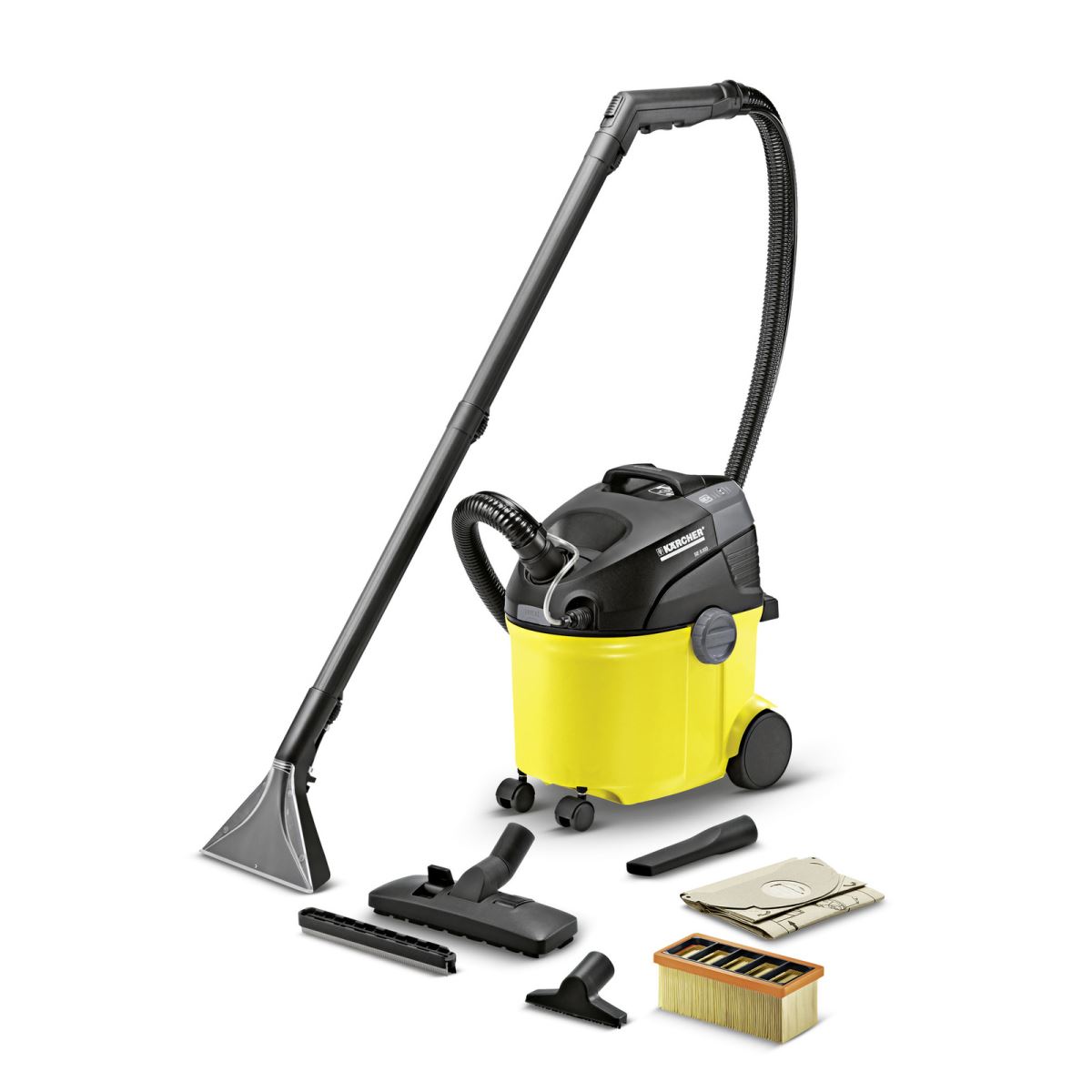 Aspirator cu spalare Karcher SE 5.100 10812000, 1400 W, 4 L, Doua rezervoare, Sistem 2-in-1 Comfort, Negru/Galben