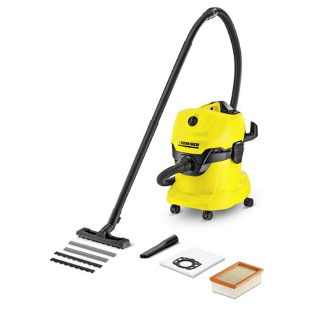 Aspirator multifunctional Karcher WD 4 13481100, 1000 W, 20 L, Aspirare uscata/umeda, Sistem de blocare 'Pull & Push', Maner detasabil, Depozitare accesorii, Negru/Galben