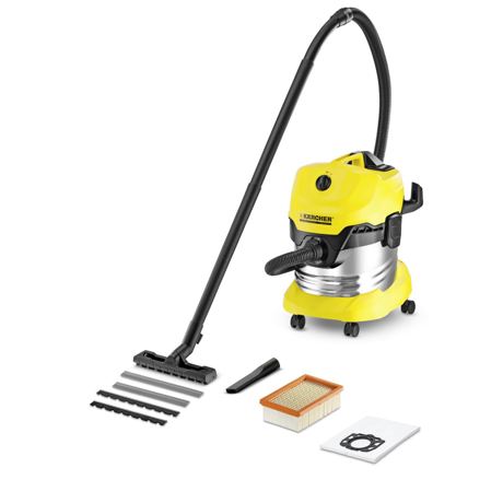 Aspirator multifunctional Karcher WD 4 Premium 13481500, 1000 W, 20 L, Aspirare uscata/umeda, Sistem de blocare 'Pull & Push', Duza pentru rosturi, Inox/Negru/Galben