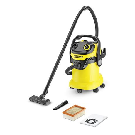 Aspirator multifunctional Karcher WD 5 13481900, 1100 W, 25 L, Aspirare uscata/umeda, Maner reglabil 3-in-1, Functie integrata de curatare filtru, Negru/Galben