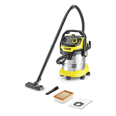 Aspirator multifunctional Karcher WD 5 Premium 13482300, 1100 W, 25 L, Aspirare uscata/umeda, Functie de suflare, Functie integrata de curatare filtru, Inox/Negru/Galben