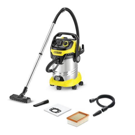 Aspirator multifunctional Karcher WD 6 P Premium 13482700, 1300 W, 30 L, Aspirare uscata/umeda, Adaptor pentru racordul sculelor electrice, Functie integrata de curatare filtru, Inox/Negru/Galben