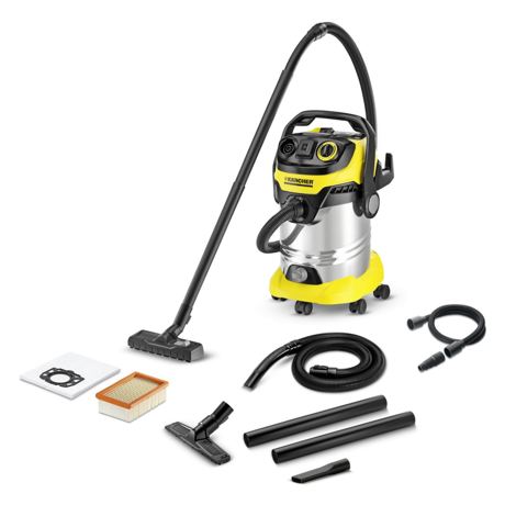 Aspirator multifunctional Karcher WD 6 P Premium Renovation 13482770, 1300 W, 30 L, Aspirare uscata/umeda, Adaptor pentru racordul sculelor electrice, Kit Renovation, Functie integrata de curatare filtru, Inox/Negru/Galben