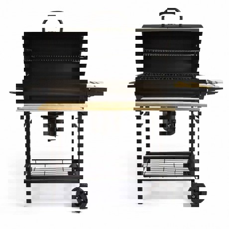 Gratar cu carbuni tip butoi Livoo DOC206, Raft stocare, Roti pentru deplasare usoara, Suprafata gatit 70 cm, Negru