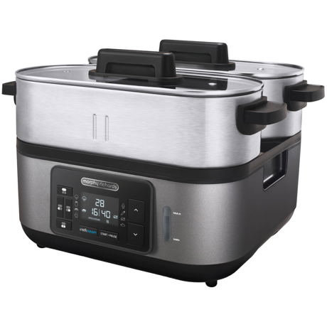 Aparat de gatit cu aburi Morphy Richards Intellisteam 470006EERROM, 1600W, 8 moduri de gatit, Display, 3 compartimente, Timer, Negru