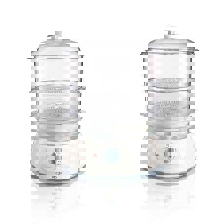 Aparat de gatit cu abur Philips Daily Collection HD9110/70, 900 W, 5 L, 2 cosuri + bol pentru orez, Timer, Alb