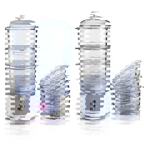 Aparat de gatit cu abur Philips Daily Collection HD9120/00, 900 W, 9 L, 3 cosuri, bol 2.5 L, Suport oua, Timer, Alb/Mov