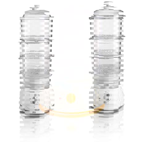 Aparat de gatit cu abur Philips Daily Collection HD9120/55, 900 W, 9 L, 3 cosuri, bol 2.5 L, Suport oua, Timer, Alb/Portocaliu