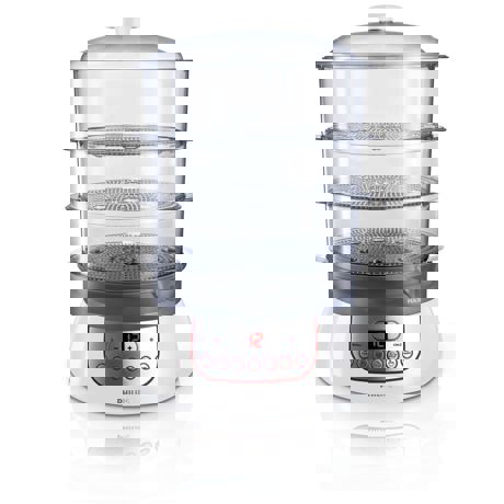 Aparat de gatit cu abur Philips Pure Essentials HD9140/00, 900 W, 9 L, 3 cosuri, bol 2.5 L, Suport oua, Timer, Alb/Metal/Rosu