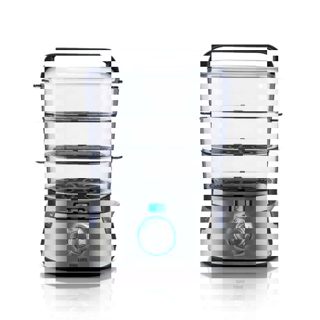 Aparat de gatit cu abur Philips Alluminium Collection HD9160/00, 2000 W, 9 L, 3 cosuri, Suport oua, Timer, Abur Gentle, Gri închis