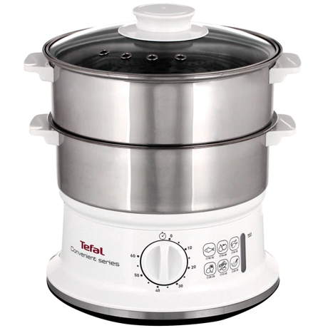 Aparat de gatit la aburi Tefal Convenient Series VC145130, 6 L, Timer manual, 2 vase, Vas orez, Alb/inox