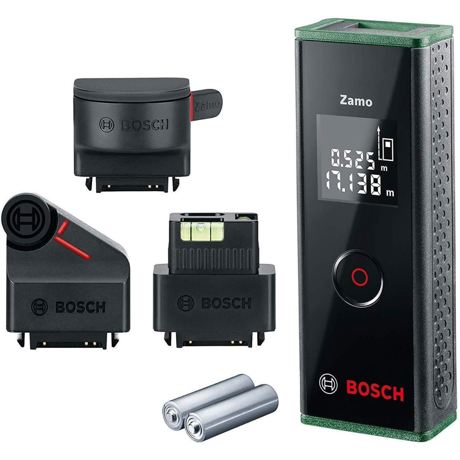 Telemetru digital cu laser Bosch Zamo, 635 nm, Domeniu de masurare 0,15 – 20 m, Deconectare automata, 3 accesorii, Verde, 0603672703