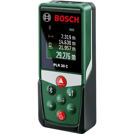 Telemetru digital cu laser Bosch PLR 30 C, 635 nm, Domeniu de masurare 0,05 – 30 m, Deconectare automata, Bluetooth, Geanta de protectie, Verde, 0603672120