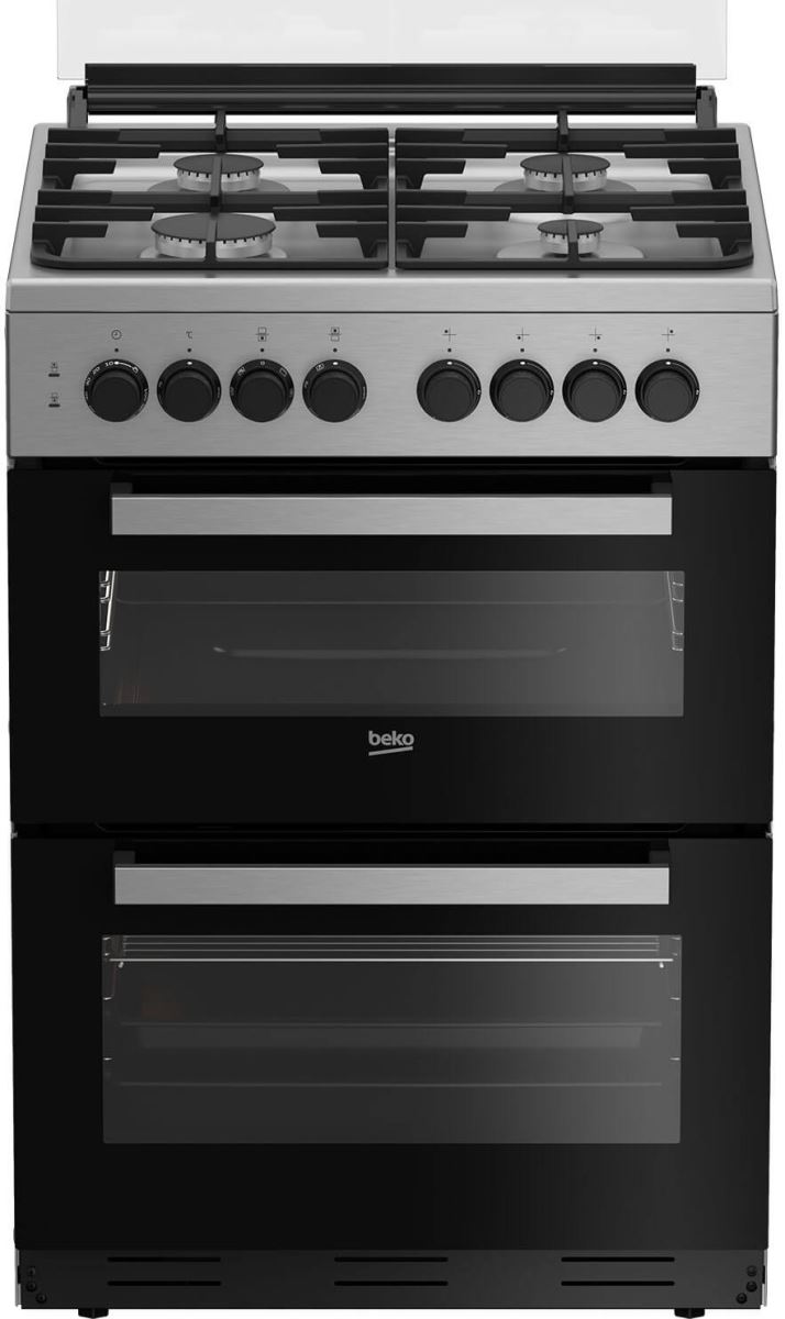 Aragaz Beko FDM62130DXMS, Mixt, 4 arzatoare gaz, 2 cuptoare, 7 functii gatire cuptor, Grill electric, Autocuratare catalitica, Gratare fonta, 60x60 cm, Inox