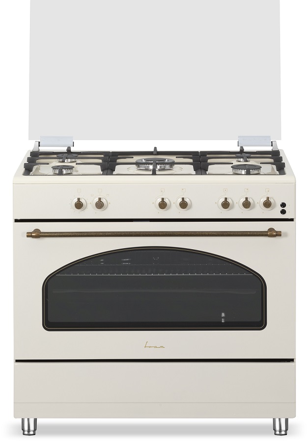 Aragaz Fram FFSC-S90GLITGCFRBG, 5 arzatoare (1 arzator Wok), Siguranta plita, Aprindere electrica, Capac sticla, Timer, 90x60 cm, Rustic beige