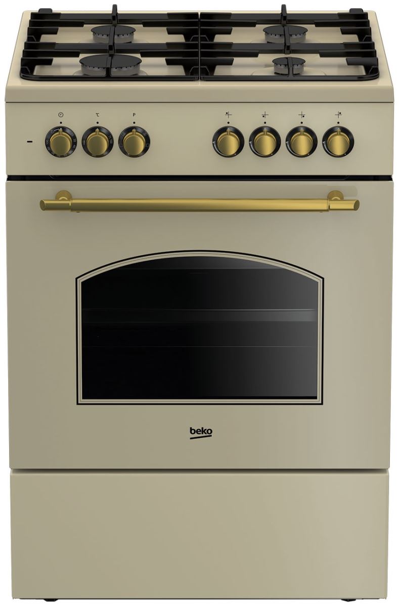 Aragaz rustic Beko FSE62134DCR, 4 arzatoare gaz, Suport vase din fonta, Cuptor electric, 72 L, Grill, Timer, 60x60, Bej