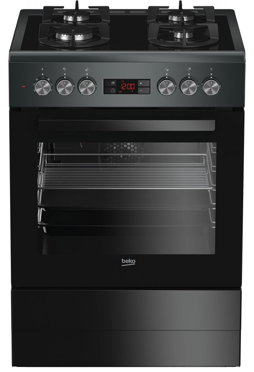 Aragaz Beko FSM65330DAS, Mixt, 4 arzatoare gaz, 72 L, 8 functii, Grill, Display, 60x60 cm, Antracit