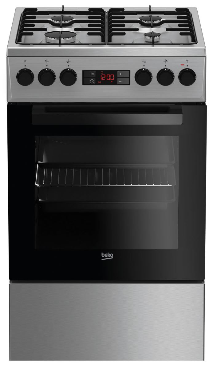 Aragaz Beko FSMT52320DXO, Mixt, 4 arzatoare gaz, Display, Grill, Timer, 50x60 cm, Inox