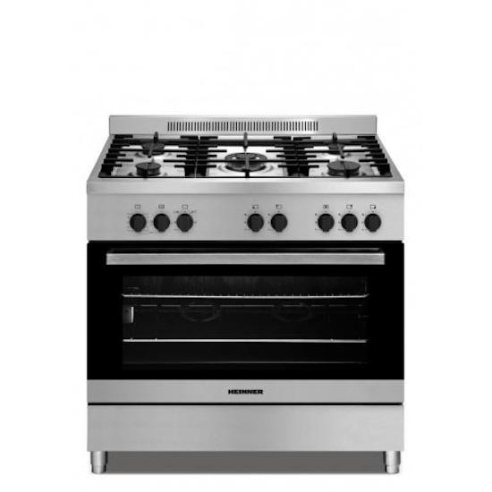 Aragaz semi-profesional Heinner HFSC-S90LITGR-IX, Gaz, 5 arzatoare (1 Wok), Aprindere electrica, Grill, Rotisor, 90x63 cm, Inox