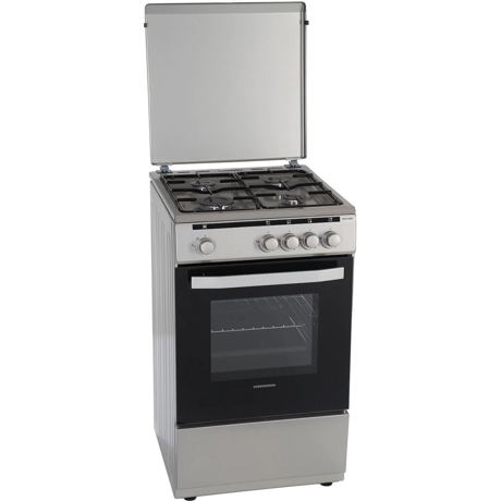 Aragaz Heinner HFSC-V50SL, Gaz, 4 arzatoare, Dispozitiv de siguranta plita si cuptor, Capac metalic, 50x50 cm, Argintiu
