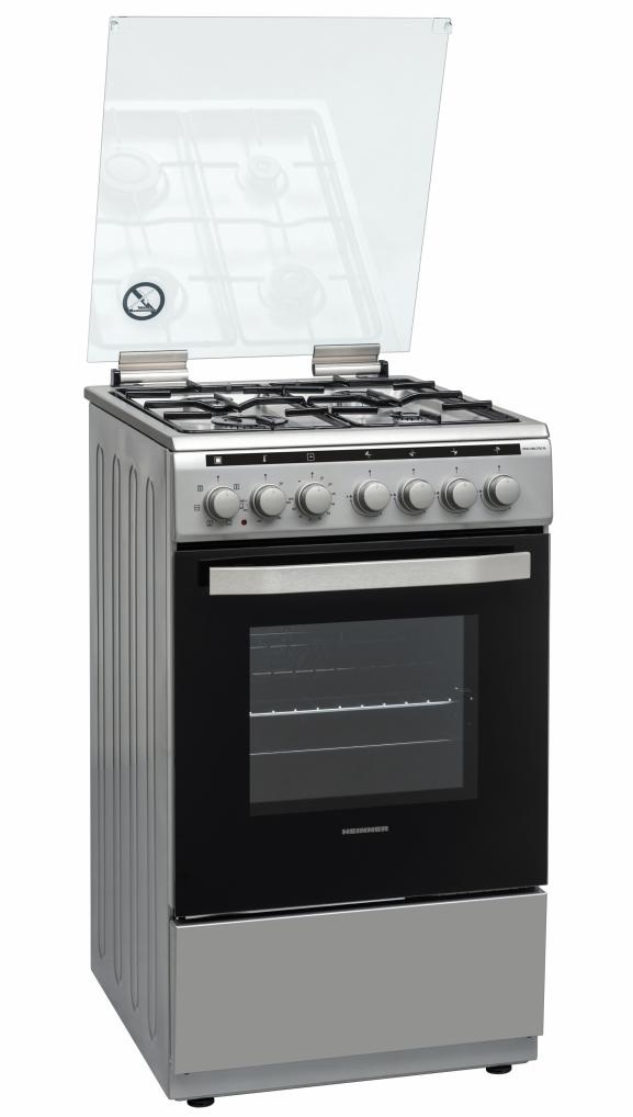 Aragaz mixt Heinner HFSC-V60LITGC-SL, 4 arzatoare gaz, Cuptor electric cu 6 functii, Grill, Aprindere electrica, Capac sticla, 50x60 cm, Argintiu