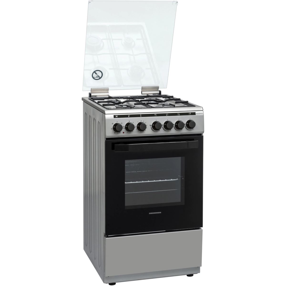 Aragaz mixt Heinner HFSC-V60LITGC-SS, 4 arzatoare gaz, Cuptor electric, Grill, Aprindere electrica, Capac sticla, 50x60 cm, Inox