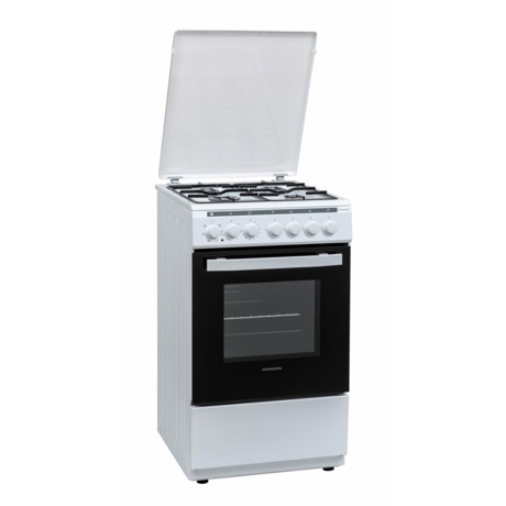 Aragaz mixt Heinner HFSC-V60LITGC-WH, 4 arzatoare gaz, Cuptor electric, Grill, Aprindere electrica, Capac sticla, 50x60 cm, Alb