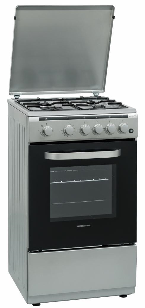 Aragaz Heinner HFSC-V60LITGSL, Gaz, 4 arzatoare, Aprindere electrica plita, Grill, Capac metalic, 50x60 cm, Argintiu