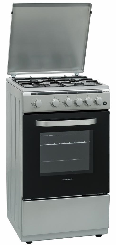 Aragaz Heinner HFSC-V60LITSL, Gaz, 4 arzatoare, Aprindere electrica plita, Capac metalic, 50x60 cm, Argintiu