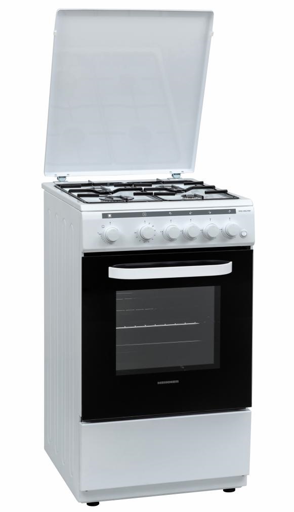 Aragaz Heinner HFSC-V60LITWH, Gaz, 4 arzatoare, Aprindere electrica plita, Capac metalic, 50x60 cm, Alb