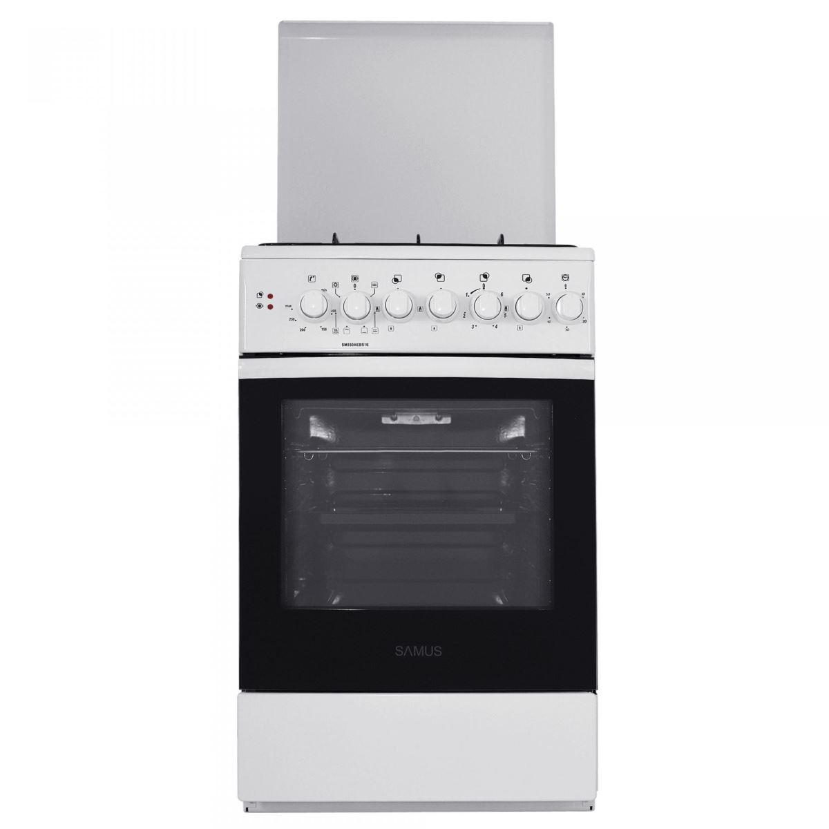 Aragaz Samus SM 550 AEBS1E, Mixt, 3 arzatoare gaz, 1 arzator electric, Siguranţă plită, Cuptor electric static, 48 L, 50x54 cm, Loc depozitare accesorii, Capac metal, Alb