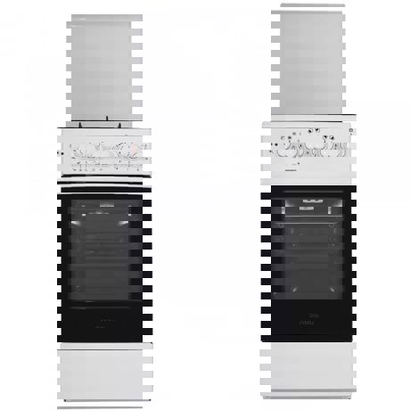 Aragaz Samus SM 550 AEBS1E, Mixt, 3 arzatoare gaz, 1 arzator electric, Siguranţă plită, Cuptor electric static, 48 L, 50x54 cm, Loc depozitare accesorii, Capac metal, Alb