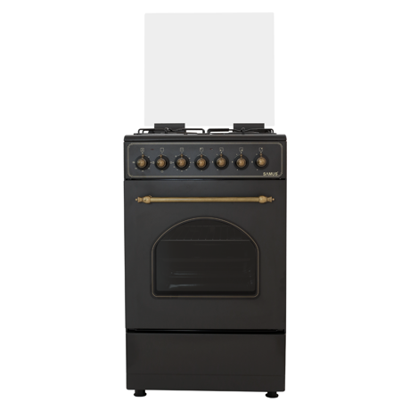 Aragaz Samus SR550EL3B, Mixt, 3 arzatoare gaz, 1 arzator electric, Aprindere electrică, Siguranţă plită, Grătare din fontă, Cuptor electric, 48 L, 3 functii cuptor, 50x55 cm, Design Rustic, Vintage black