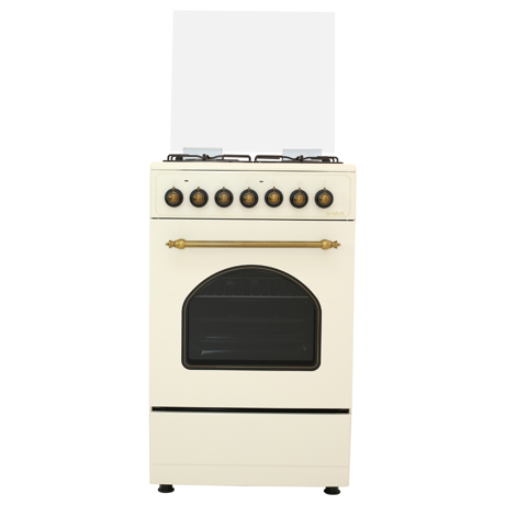 Aragaz Samus SR550EL3C, Mixt, 3 arzatoare gaz, 1 arzator electric, Aprindere electrică, Siguranţă plită, Grătare din fontă, Cuptor electric, 48 L, 3 functii cuptor, 50x55 cm, Design Rustic, Vintage beige