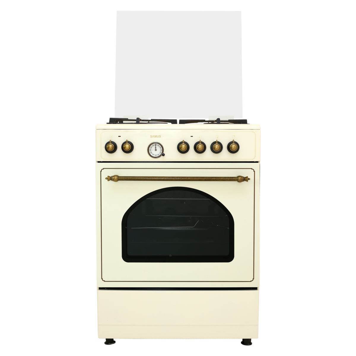 Aragaz Samus SR660EL3C, Mixt, 3 arzatoare gaz, 1 arzator electric, Aprindere electrică, Siguranţă plită, Grătare din fontă, Cuptor electric, 56 L, 6 functii cuptor, Grill, 60x60 cm, Design Rustic, Vintage beige