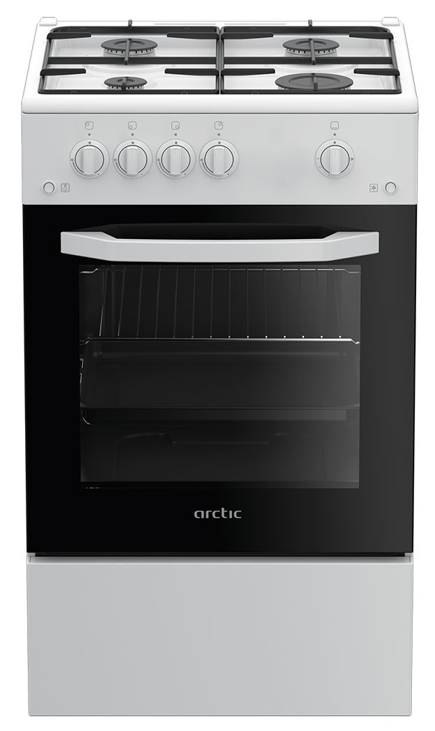 Aragaz Arctic AGM5501FL, Gaz, 4 Arzatoare, 50x50 cm, Aprindere electrica, Capac metalic, Alb