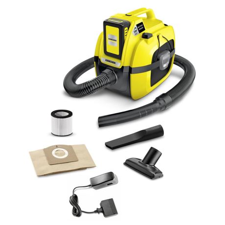 Aspirator Karcher WD 1 Set 11983010, Umed/uscat, Functioneaza cu acumulator de 18 V (inclus), 7 L, Autonomie 10 min., Duza pentru tapiterii, Funcție de suflantă, Negru/Galben