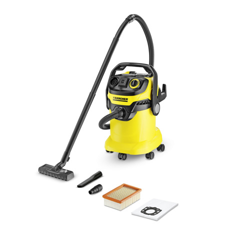 Aspirator fara sac Karcher WD 5 P, 1100 W, Recipient 25 L, Aspirare umeda/uscata, Funcție de suflantă, Adaptor pentru conectarea sculelor electrice, Negru/Galben, 13481940
