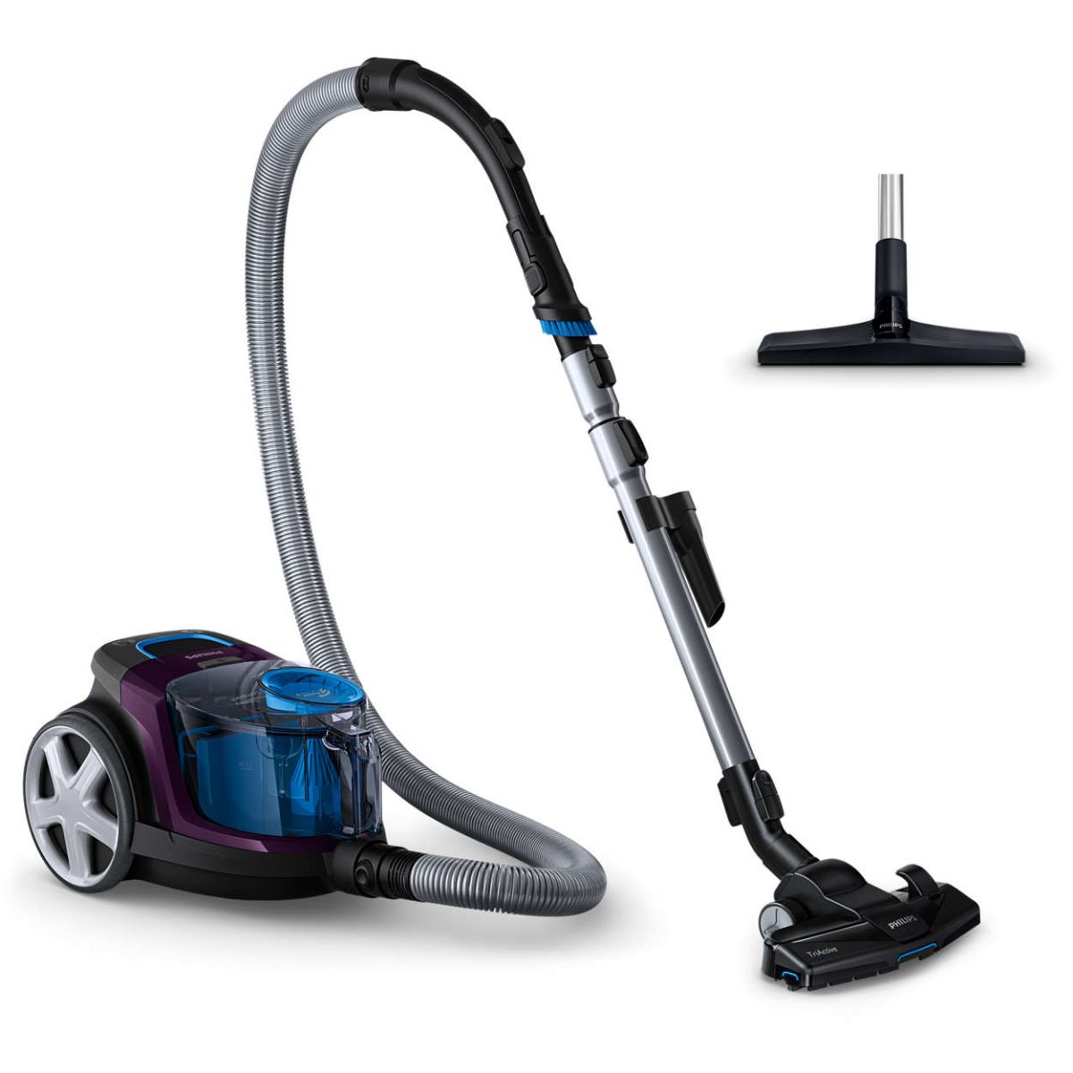 Aspirator fara sac Philips PowerPro Compact FC9333/09, 750 W, 1.5 L, Filtru anti-alergeni, Cap de aspirare TriActive, Cap de aspirare pentru podele dure, Violet/Negru