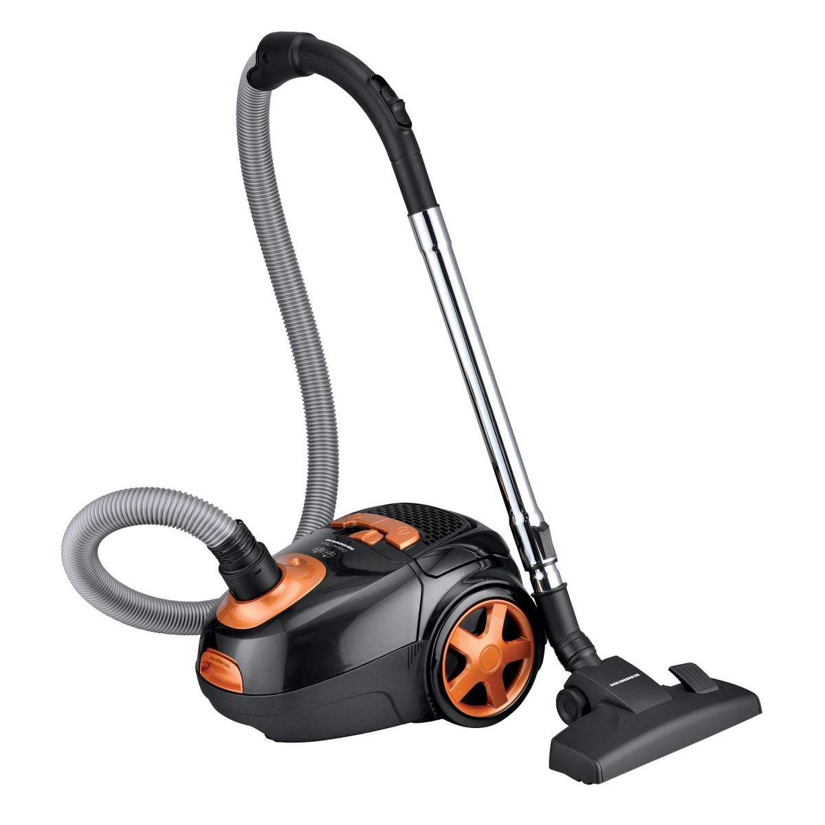 Aspirator cu sac Heinner HVC-VBK750S, 750 W, 2.5 L, Filtru HEPA 11, Tija telescopica din metal, Perie pentru canapele, Negru/portocaliu