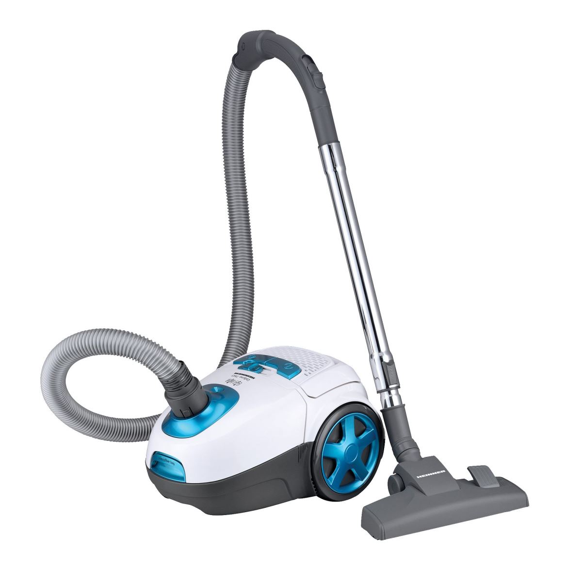 Aspirator cu sac Heinner HVC-VWH750S, 750 W, 2.5 L, Filtru HEPA 11, Tija telescopica din metal, Perie pentru canapele, Alb/albastru