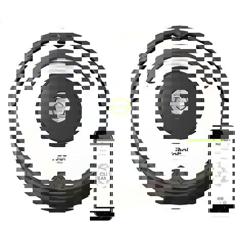 Robot de aspirare iRobot Roomba R675040, 0.6 L, Wi-Fi, Navigatie Smart, Filtru AeroVac, Autonomie de pana la 90 minute, Alb/negru