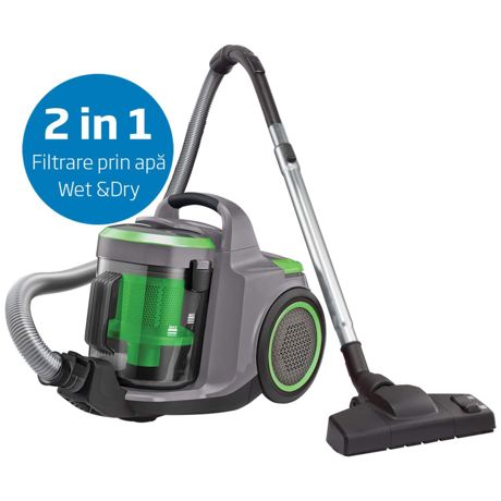 Aspirator cu filtrare prin apa Beko VCW62803BG, Wet&Dry, 750 W, 2.3 L, HEPA 13, Sistem multi-ciclonic, Perie turbo, Perie aspirare apa, Gri/verde