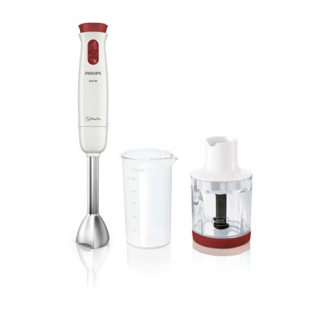 Blender de mana Philips Daily Collection HR1623/00, 650 W, 2 Viteze + Turbo, Pahar 0.5 l, Mini-tocator 0.3 l, Alb/Rosu