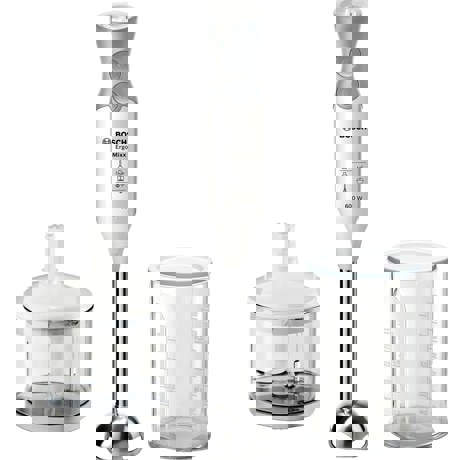 Blender de mana Bosch MSM66120, 600W, 12 viteze + functie Turbo, Vas mixare, Minitocator, Alb / Gri
