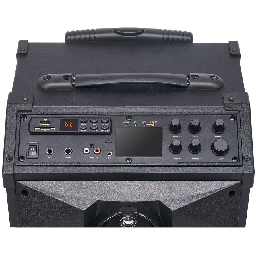 Boxa trolley Serioux SRXTSLY40W, 40W RMS, Bluetooth, USB, SD, Radio FM, AUX, PC in, Port microfon + chitara, Display LED, Microfon inclus, Negru