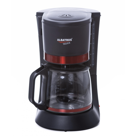 Filtru de cafea Albatros Delicia, 680 W, 8 - 10 ceşti, 1.2 L, Functie antipicurare, Cană de sticlă, Negru/Ornament rosu