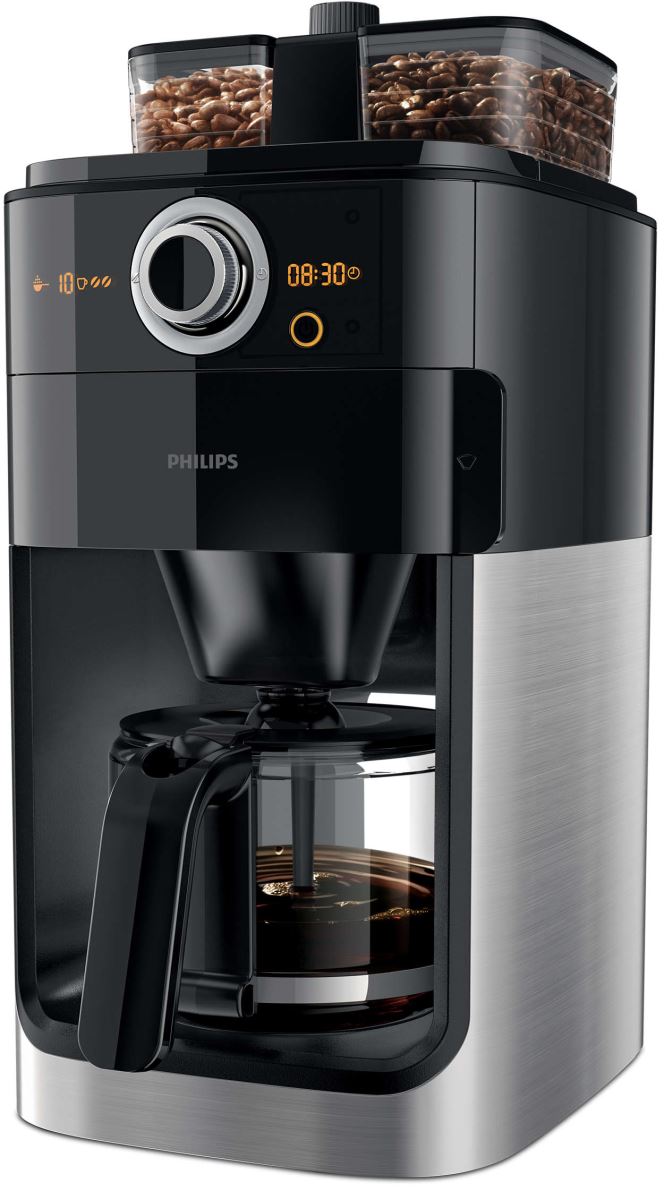 Cafetieră Philips Grind & Brew HD7762/00, 1000 W, Râşniţă integrată, Recipient dublu pentru boabe, 3 setări râşniţă, Display LCD, Oprire automată, Aroma twister, Optiune cafea măcinată, Negru/Argintiu