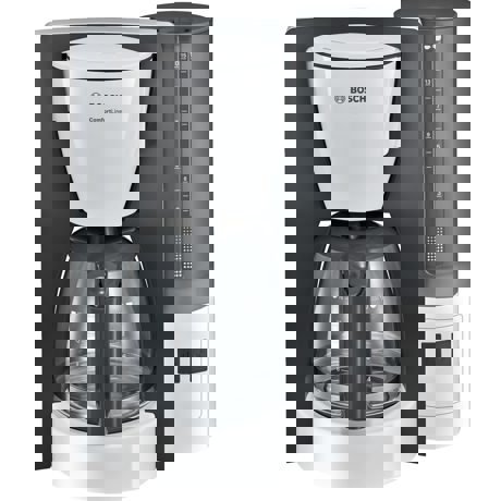 Cafetiera Bosch ComfortLine TKA6A041, 1200 W, 1.25 l (10) cesti, cana de sticlă, Aroma+, EasyDescale3, Alb/Antracit